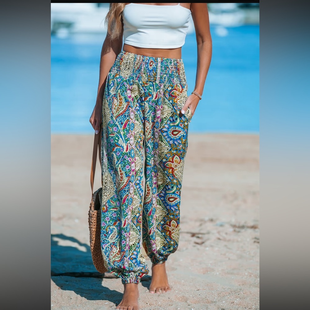 Cupshe Paisley Smocked Waist Tapered Leg Cover-Up Pants - Picture 3 of 10